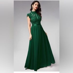 Emerald green lace evening gown